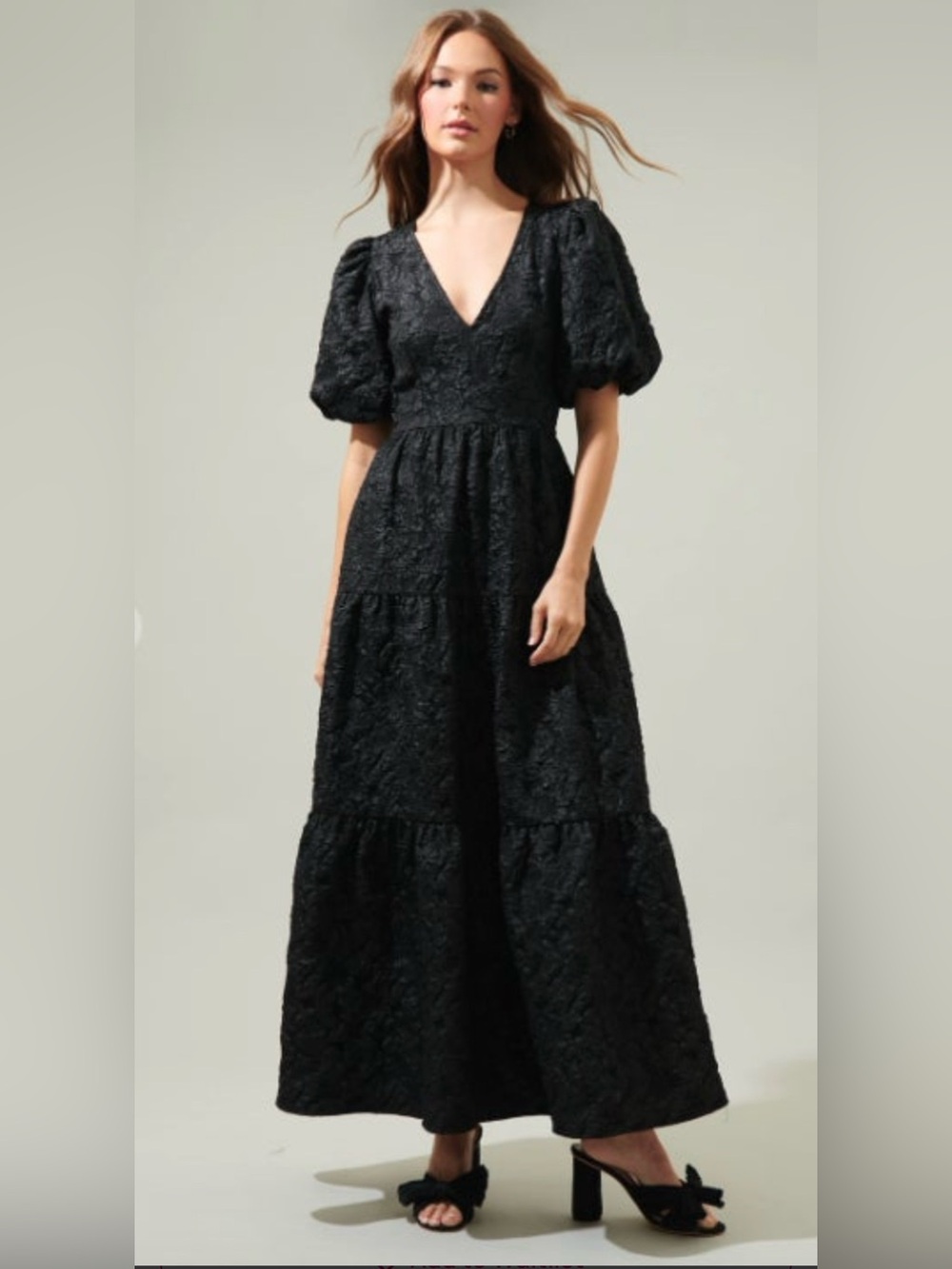 NWT Sugar Lips Jacquard Black Puff-Sleeve V-Neck Maxi Dress